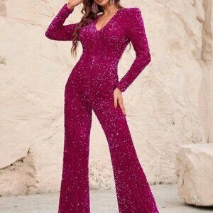 Hot Pink Sequin Flare Leg Velvet Jumpsuit by Faeriesty in Size Small